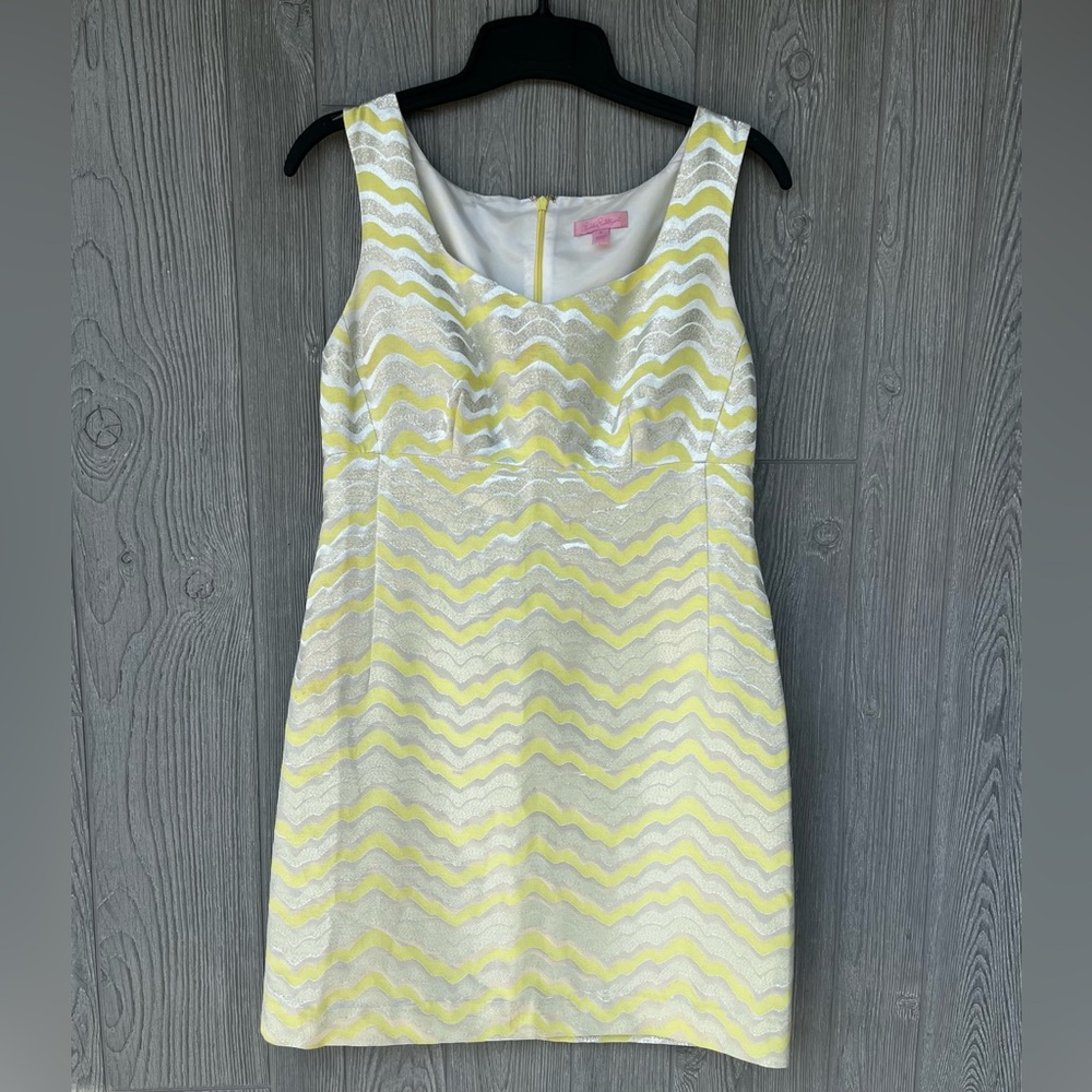 Lilly Pulitzer Adriana Starfruit Butter Yellow and Metallic Silver Dress Size 6